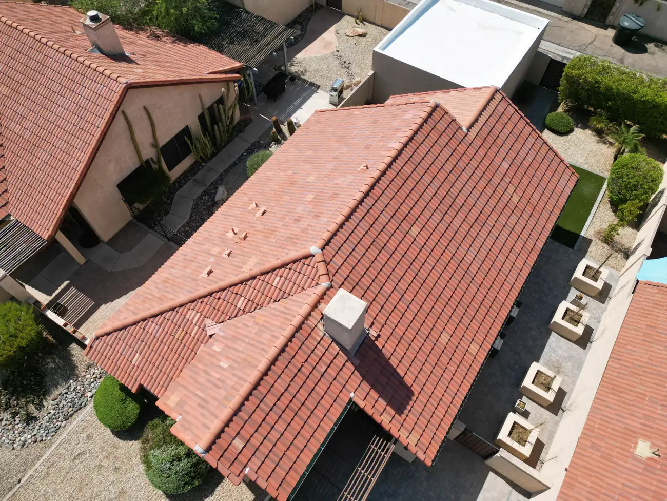 Drone photograph of a finished red concrete tile roof by A1 Roofing Solutions in the Phoenix East Valley